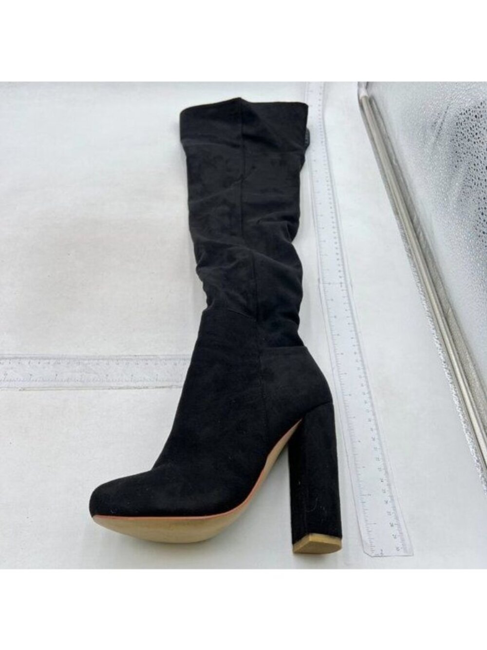 Women Stretchy Pull On Calf Boots Retro Round Toe Waterproof Knee High Booties